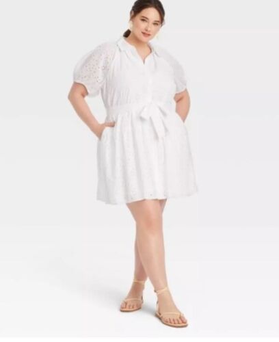 Women's Eyelet Balloon Elbow Sleeve Mini Shirtdress - A New Day White Xl