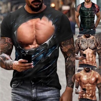 Men 3D Muscle Tattoo Print T-Shirt Short Sleeve Digital Printing Shirts  Tops Tee
