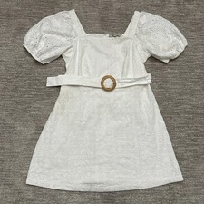Ann Taylor Loft Dress Women 12 White Eyelet Lace Belted Puff Sleeve Resort Beach