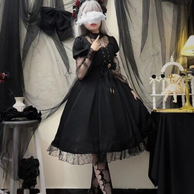 Japanese women Lolita Gothic black short sleeve high waist dress | eBay Japanese women Lolita Gothic black short sleeve high waist dress | eBay