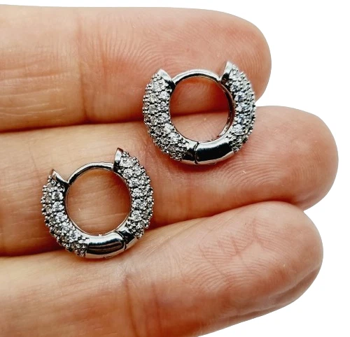 Orecchini a cerchio da uomo cerchietti argento oro con zirconi per donna 15 mm - Immagine 2 di 4