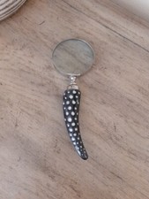 9" Long Ceramic Handle Vtg Magnifying Glass In Silver Black Home Office Decor