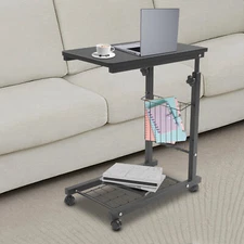 2 Tiers Adjustable Bed Side Table Black Indoor Mobile Standalone Table w/ Wheels