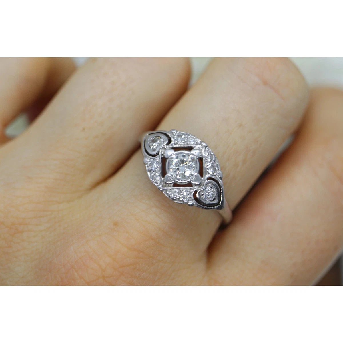 Art Deco Shield ring. 14k white gold with diamonds and filigree