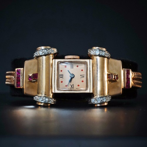 Stunning Lonville Solid 14K Rose Gold Diamond & Ruby Retro 1940s Bracelet Watch - Picture 7 of 12
