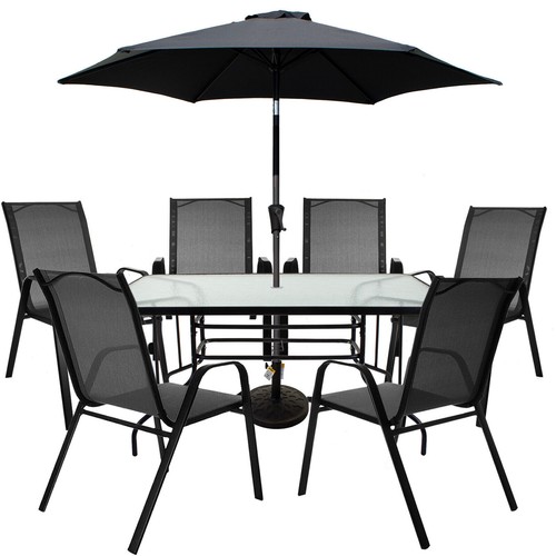 GARDEN PATIO GLASS TABLE CHAIR & PARASOL 6 SEATER RECTANGULAR SUMMER