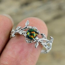 Ethiopian Black Opal Ring 925 Sterling Silver Ring For Women Leaf Ring Dainty