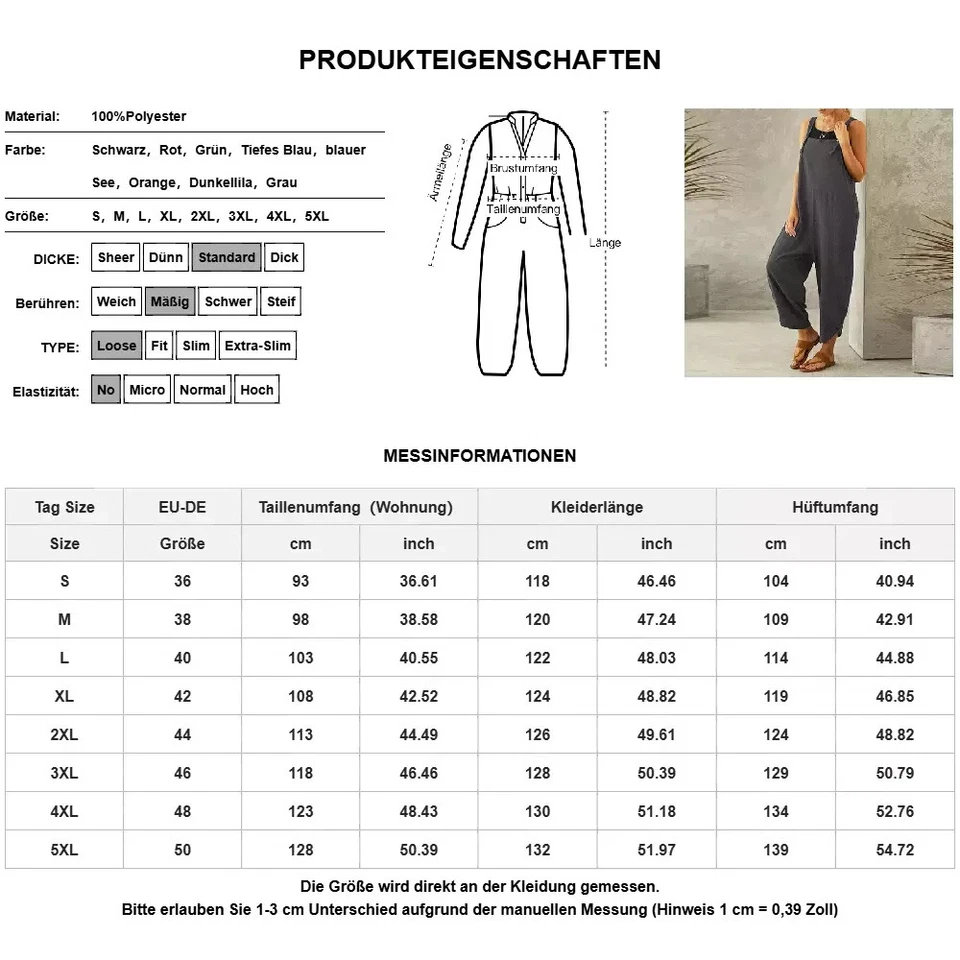 Damen Weites Bein Latzhose Baggy Trägerhose Jumpsuit Herbst Palazzohose Softhose - Bild 4 von 4