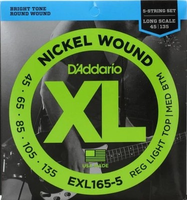 D'Addario EXL165-5 5 String Bass Guitar Strings, Custom Light 45-135 Long Scale