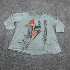 Jess & Jane Shirt Womens 1X Blue Floral Print Graphic Cotton Tunic Made USA Art