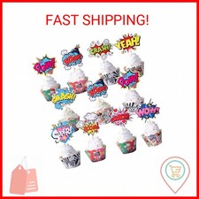 36 PCS Superheros Cupcake Toppers and Wrappers Boom Pow Hero Cupcake Picks for C