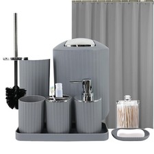 Grey Bathroom Accessories Set with Shower Curtain, Trash Can, Lotion Soap Dis...