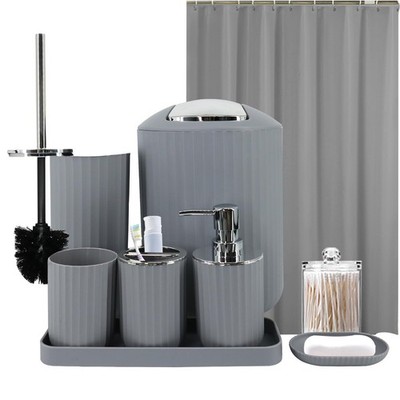 Grey Bathroom Accessories Set with Shower Curtain, Trash Can, Lotion Soap Dis...