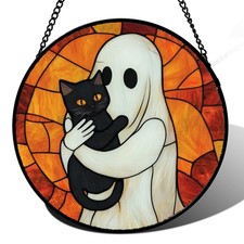 Halloween Stained Glass Suncatcher Ghost Cat Decor for Doors, Garden, Gifts