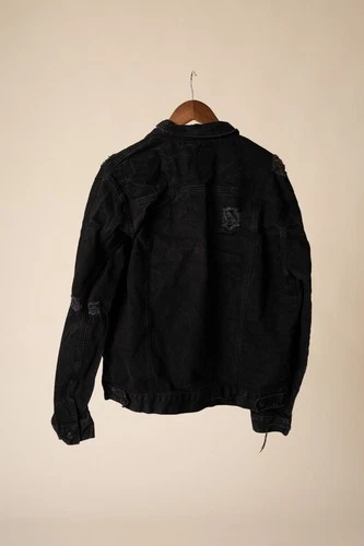 FOREVER 21 MAN Men's Black Distressed Denim Jacket Button Front Pockets L image 5