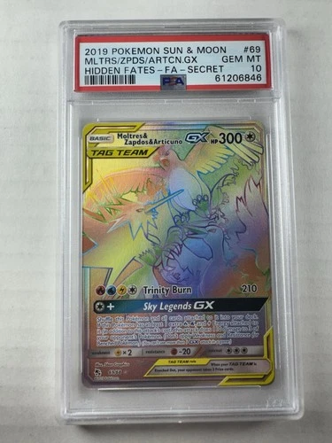 2019 Pokemon Sun & Moon Hidden Fates Moltres Zapdos Articuno GX #69 PSA 10