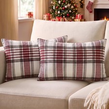 Winter Holiday Red Christmas Plaid Lumbar Pillow Covers 12x20 Set of 2