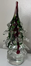 VTG Handblown Art Glass Christmas Tree Figurine Green Red & White Murano Holiday