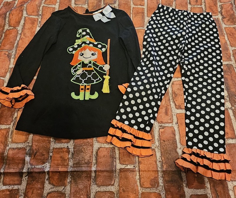Rare Editions Girls Halloween Witch Tunic Polka Dot Ruffle Pants Set Sz 4 Black