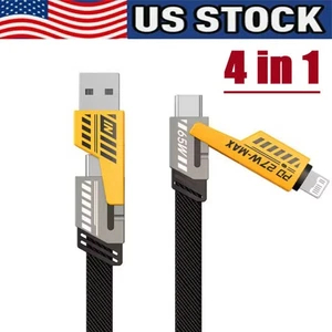65W 4 in 1 Multi Charging Cable Flat Braided USB C Transfer Cord for iPhone Lot