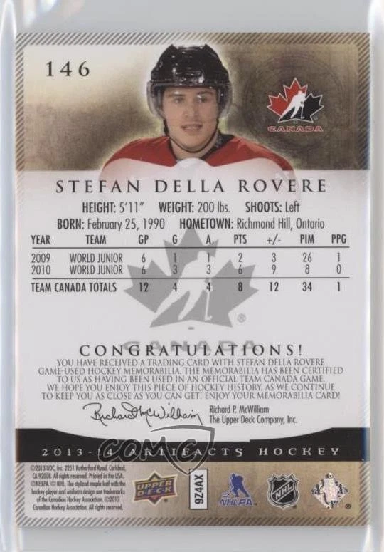 2013-14 Artifacts Team Canada Emerald Jersey/Patch /75 Stefan Della Rovere Patch - Image 2 of 2