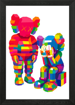 Bunte KAWS Figuren auf weißem Rücken gerahmt Wandbild Poster Leinwanddruck Bild