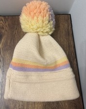 Wigwam 100 Wool 70s 80s VTG Ski Stocking Cap Hat Pom Stripe Yellow Purple