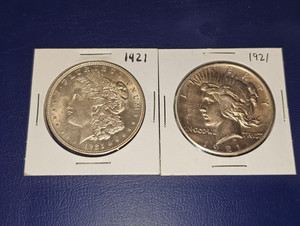 Lot of 2 1921 Silver Dollars Morgan and High Relief Peace 