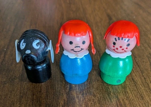 Vintage 1960's Fisher Price Wooden Little People Red Hair Black And White Dog