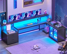L Shaped Gaming Desk, 78.7" Large Computer Desk with 2 Drawers and LED Lights