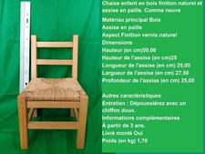 Chaise enfant en bois finition naturel et assise en paille. Comme neuve