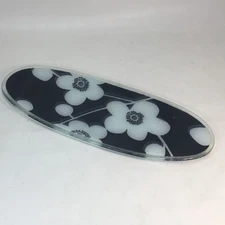 Peggy Karr Fused Glass Platter Black with White Flowers 18 inches by 7 inches.