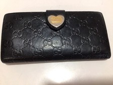 GUCCI Ladies GG BLACK LEATHER LONG WALLET / Gucci METAL HEART
