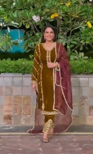 Stunning Viscose Velvet Mustard Yellow Salwar Kameez With Dupatta For Party