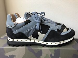 New Authentic Valentino Men S Rockrunner Camo Leather Sneakers Shoes Blue 42 9 Ebay