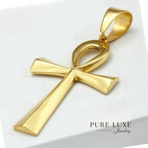 Authentic Men's Stainless Steel Ankh CROSS 80mm Large Solid Pendant Gold plated*BOX