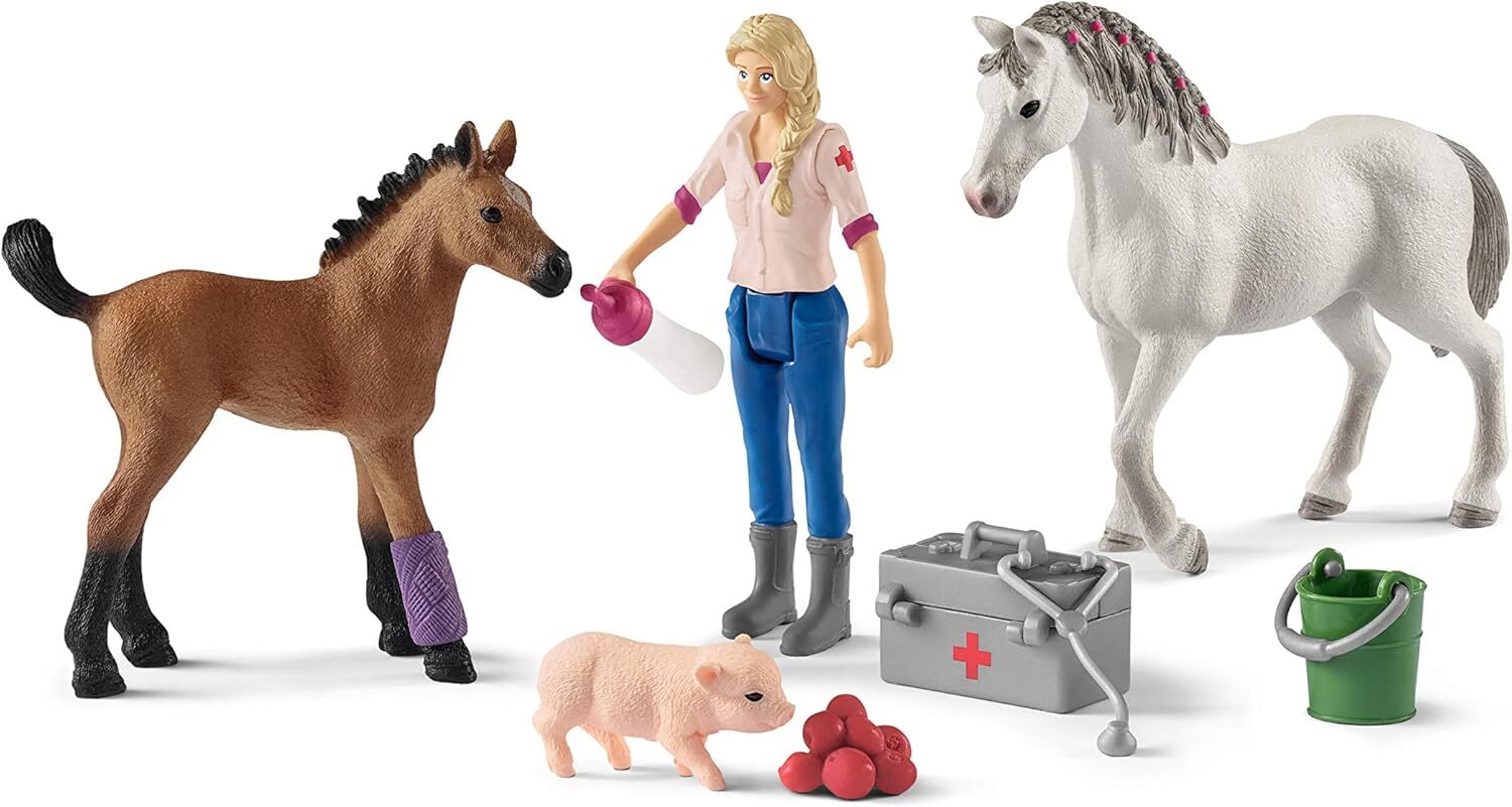 Schleich Farm World, Farm Animal Toys for Kidsm Vet Visiting Mare and Foal with