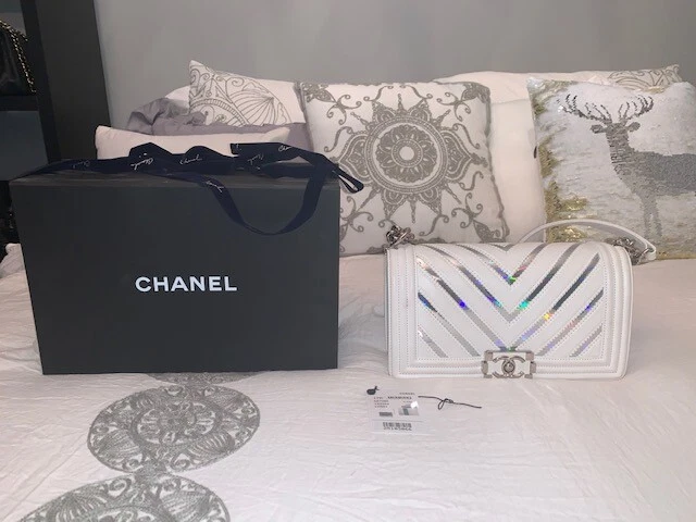 Chanel Le Boy Holographic Chevron White Lambskin Old Medium