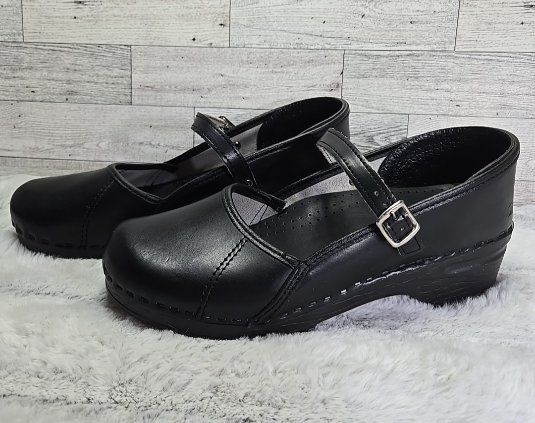 Bjork Marcella Womens Black Leather Clog Mary Jane Chunky Comfort Size 41/42