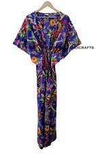Indian Purple Cotton Loose Sleeve Floral Print Free Size Bohemian Caftan Dress