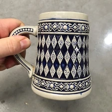 Vintage Gerz West Germany Beer Stein Mug Cup Blue White Glazed Diamond Deco