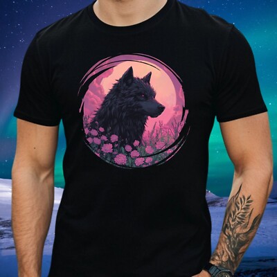 Mens Wolf on Flower Field Motif Cotton T-Shirt Size S to 5XL