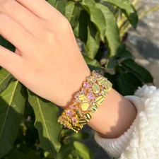 Bold Cubic Zirconia Matte Dubai Yellow Gold Plated Purple Pink Big Wide Bracelet