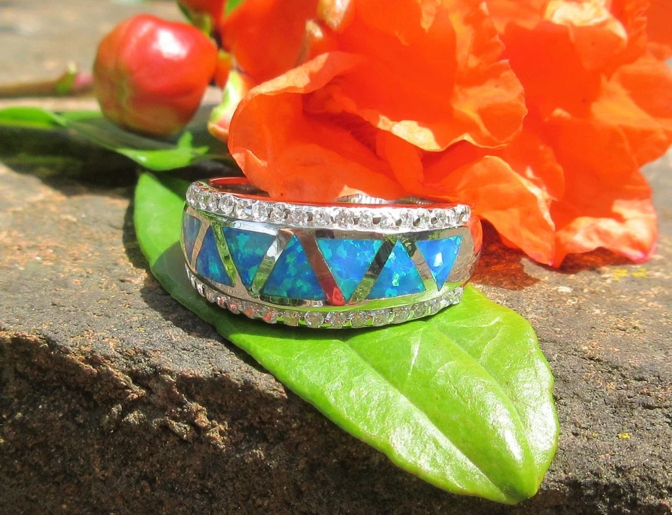 Ring Sterling Silber 925 Dreiecke aus Opal Feueropal blau u Zirkonia - Bild 2 von 4