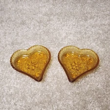 Vtg Lot Of 2 Indiana Amber Tiara Sandwich Glass Heart Shape Nut Candy Tray Dish