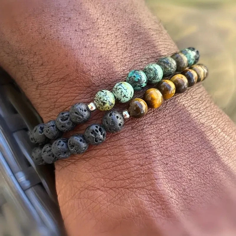 Armband 2er Set Perlenarmband Damen Herren Lavastein Tigerauge Türkis Kiefer - Bild 2 von 4