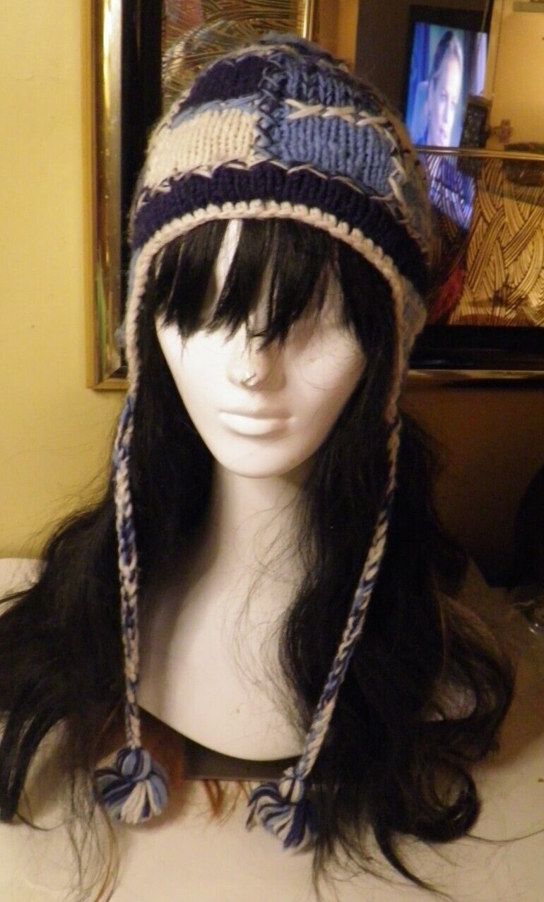 Blue Wool Knit Hat BIG WAVE Nepal Warm Winter Ear… - image 3