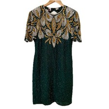 Vintage Lawrence Kazar Silk Sequin Beaded Sheath Dress Womens Size L Green NWT