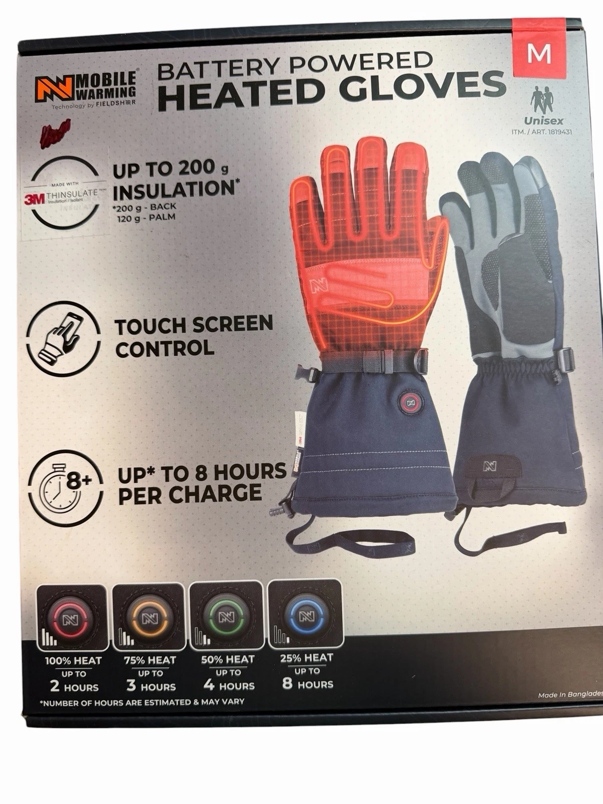 Fieldsher Mobile Warming Battery Powered Heated Gloves Rechargeable Unisex Med