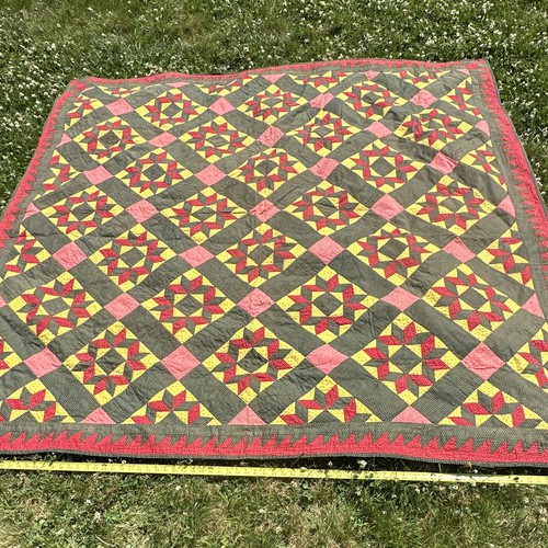 Vintage Handcrafted Cotton Patchwork Quilt Multicolor c1900. 77x79 inches